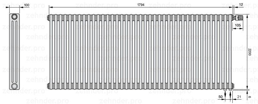 Схема (чертеж) Радиатор Zehnder Charleston 3220/39 №V002 Белый глянцевый RAL 9016
